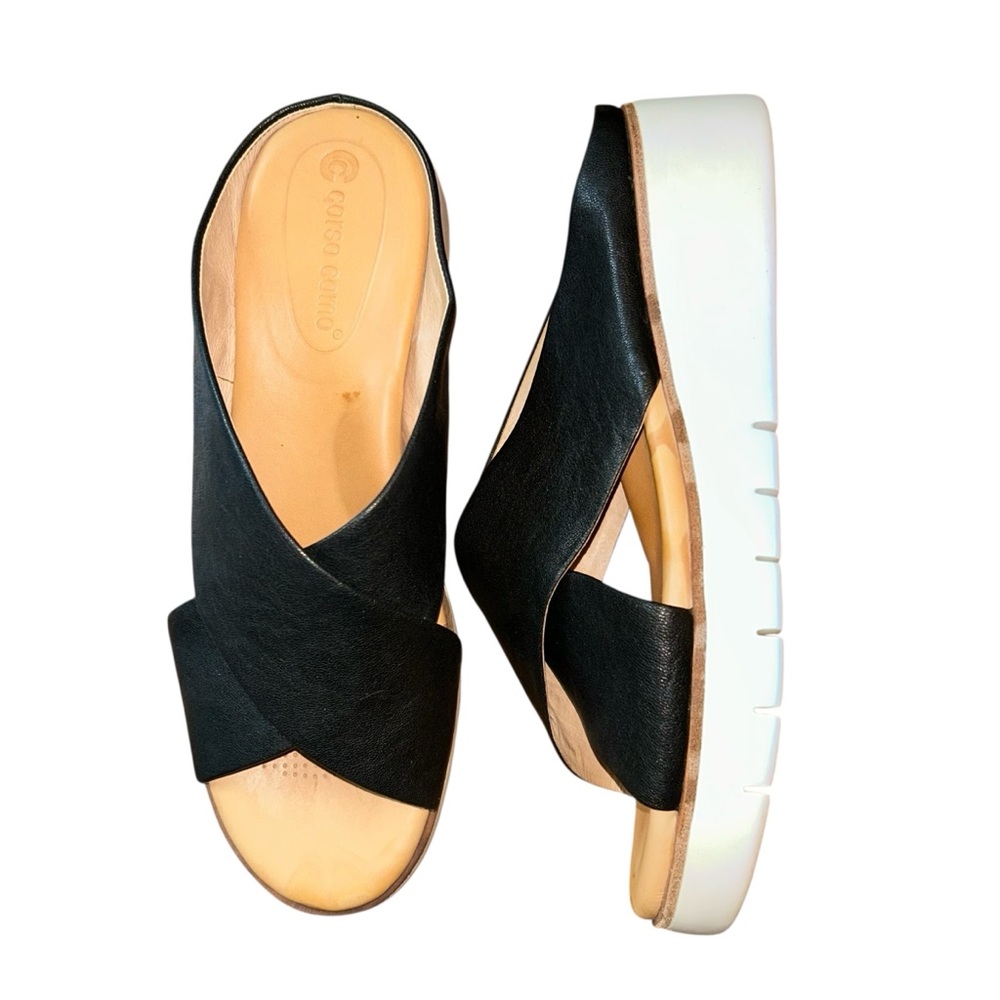 Corso Como Women’s Black Leather Wedge Sandals Mules Size 8 Minimalist